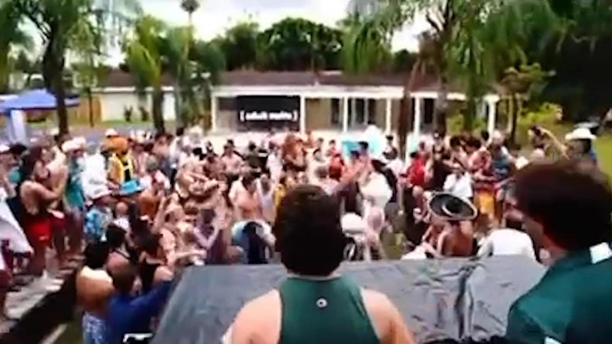 A screengrab of a video obtained by the UM Hurricane, the student newspaper, shows fraternity brothers from Sigma Phi Epsilon chanting about having sex with a dead woman at a pool party they hosted. The UM chapter of the fraternity was shuttered by the national organization on Oct. 7.