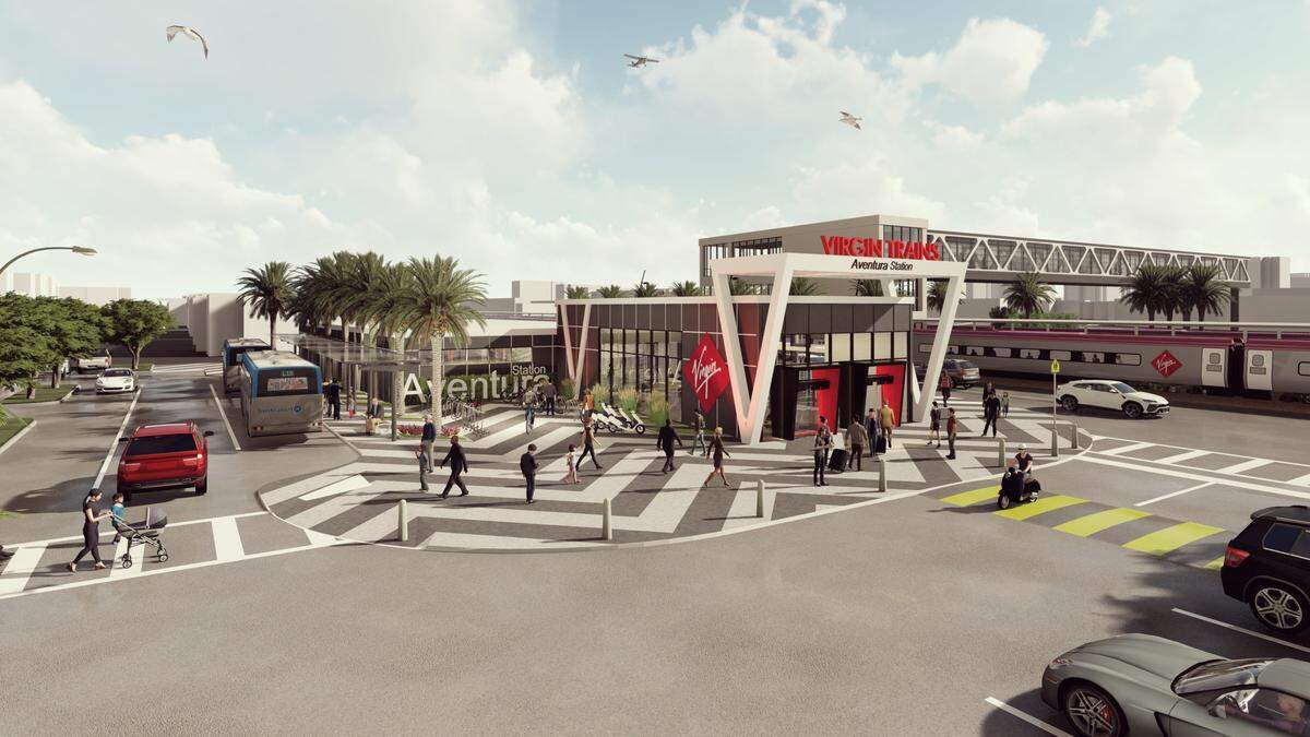 A rendering of the proposed $76 million Virgin train station that Miami-Dade County would pay for across from the Aventura Mall.