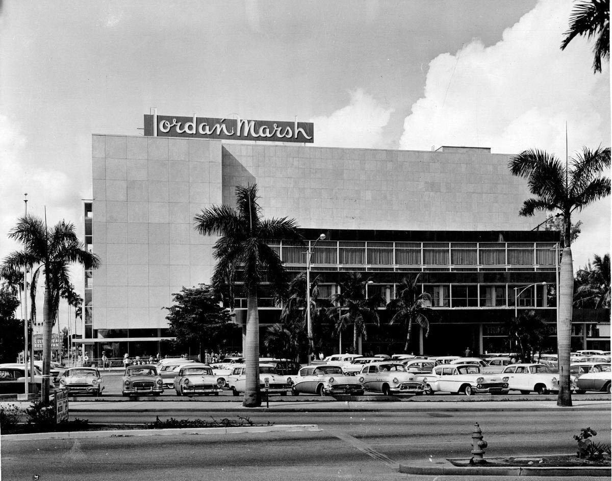 This is how the enlarged Jordan Marsh store in Miami looked now in 1958. A career shop has been added to the men’s department. Housewares department is the largest in the southeast. New “Thriftmode” shops, which constitute nearly an entire floor of ladies’ ready-to-wear, are geared to offer fashion merchandise such as coats, suits, sportswear, lingerie and accessories at little cost. The elegantly decorated better dress department includes a special “After Five Shop” featuring cocktail and evening gowns. High Fidelity-Stereophonic recording enthusiasts will get the plush treatment. A soundproof salon with one wall of glass will offer “pleasant, hushed” surroundings for listening to music.
