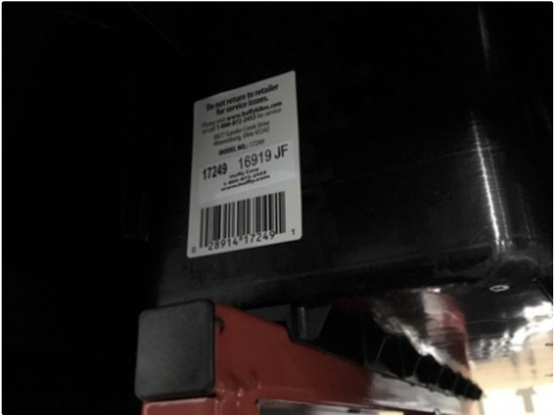 Location of Model Number and Date Code – under wheel well on left rear side