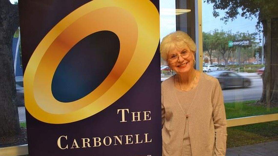 Iris Acker, standing outside ArtServe for a Carbonell Awards reception, received the Howard Kleinberg Award in 2015.