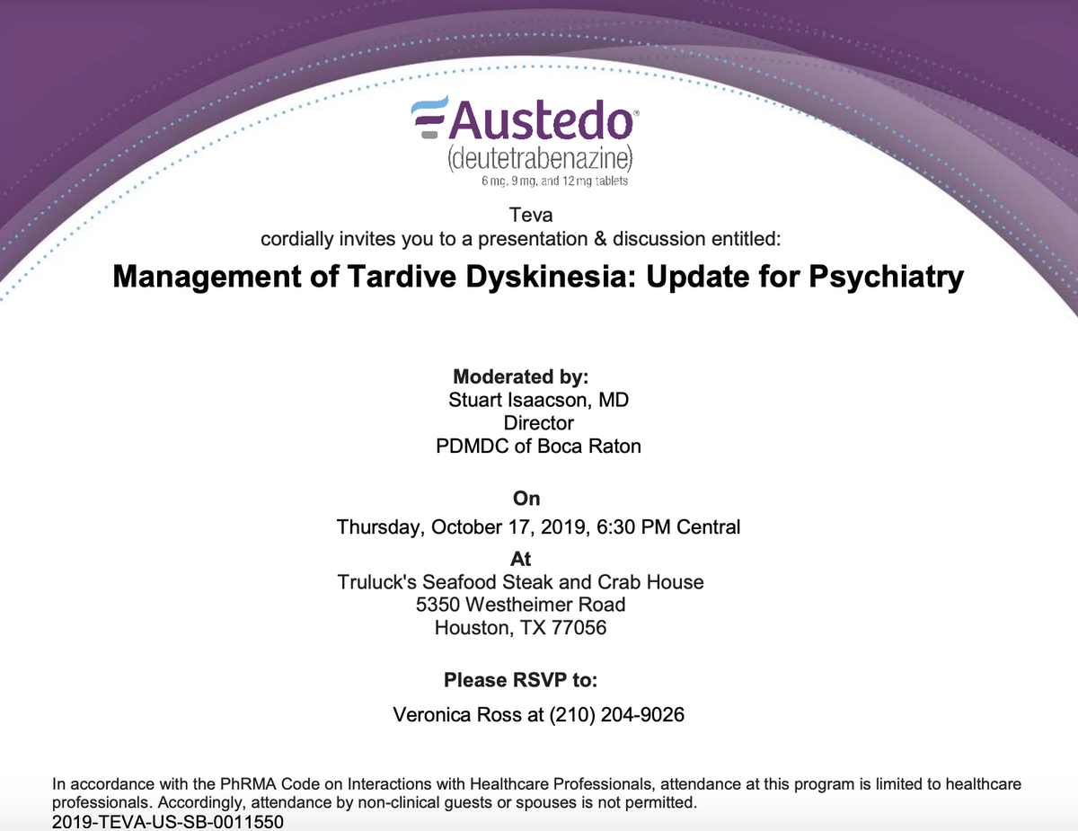 Stuart Isaacson, a South Florida neurologist, appears on a slide bearing the brand name drug Austedo from a promotional talk given at a Houston steakhouse.n