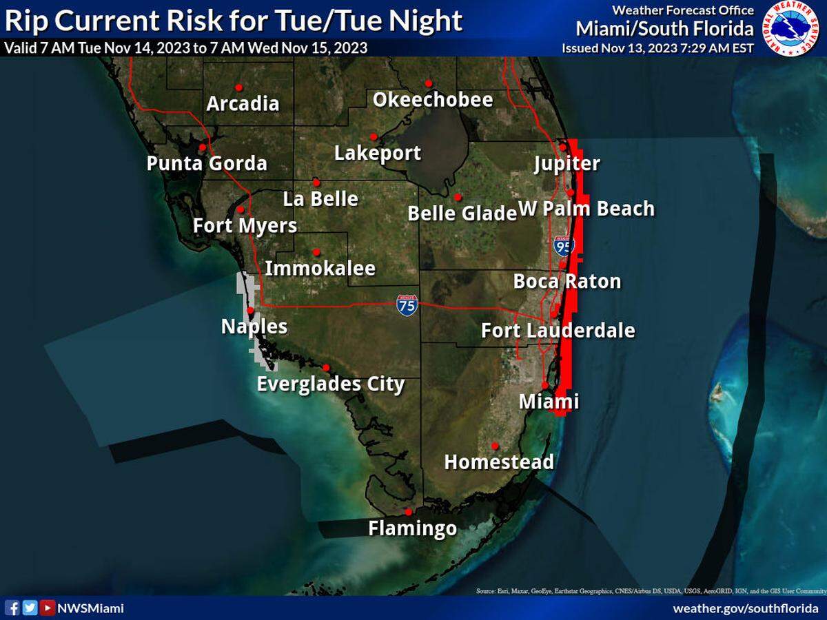 Miami, Fort Lauderdale and Miami are expected to see a high risk of rip currents on Tuesday, Nov. 14, 2023.