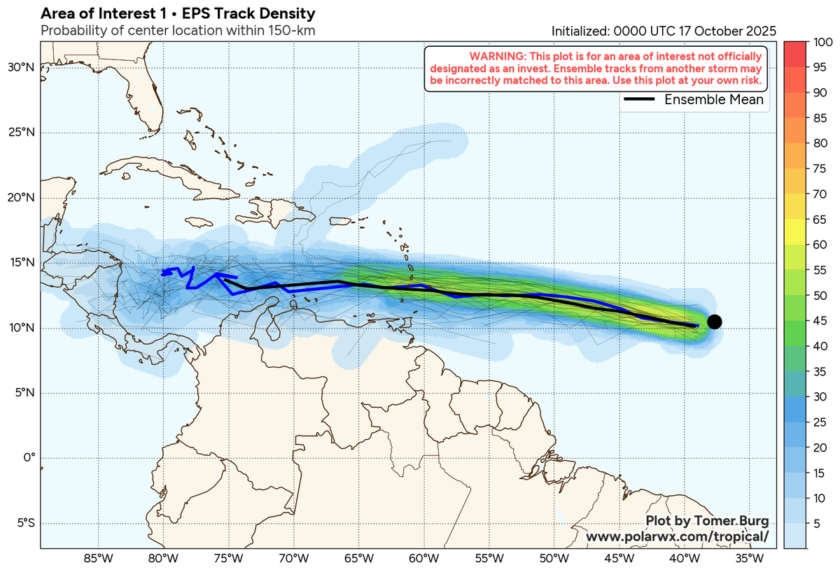 This graphic shows the mean forecast track of all the different ensemble models for different long-range storm models for the disturbance the NHC is tracking.