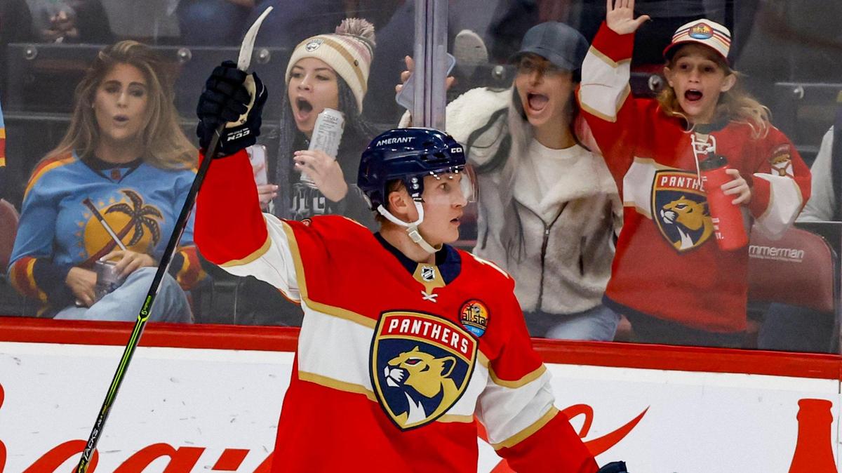 Florida Panthers center Anton Lundell (15) reacts after scoring against Minnesota Wild in the first period at FLA Live Arena in Sunrise, FL on Saturday, January 21, 2023.