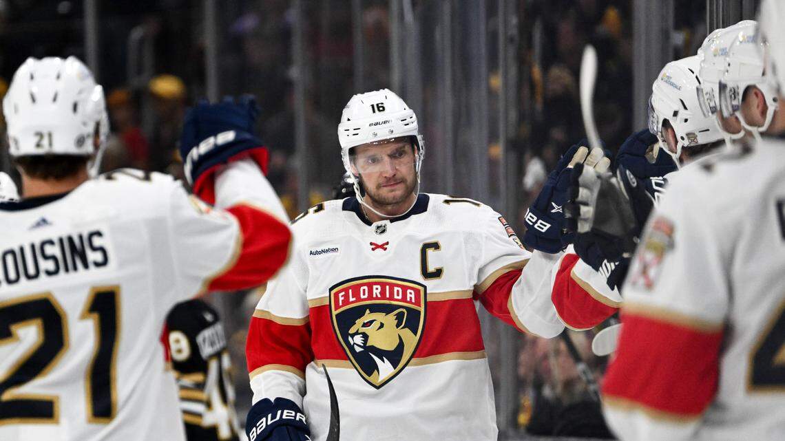 Oct 30, 2023; Boston, Massachusetts, USA; Florida Panthers center Aleksander Barkov (16) celebrates with teammates after scoring a goal against the Boston Bruins during the first period at the TD Garden. Mandatory Credit: Brian Fluharty-USA TODAY Sports