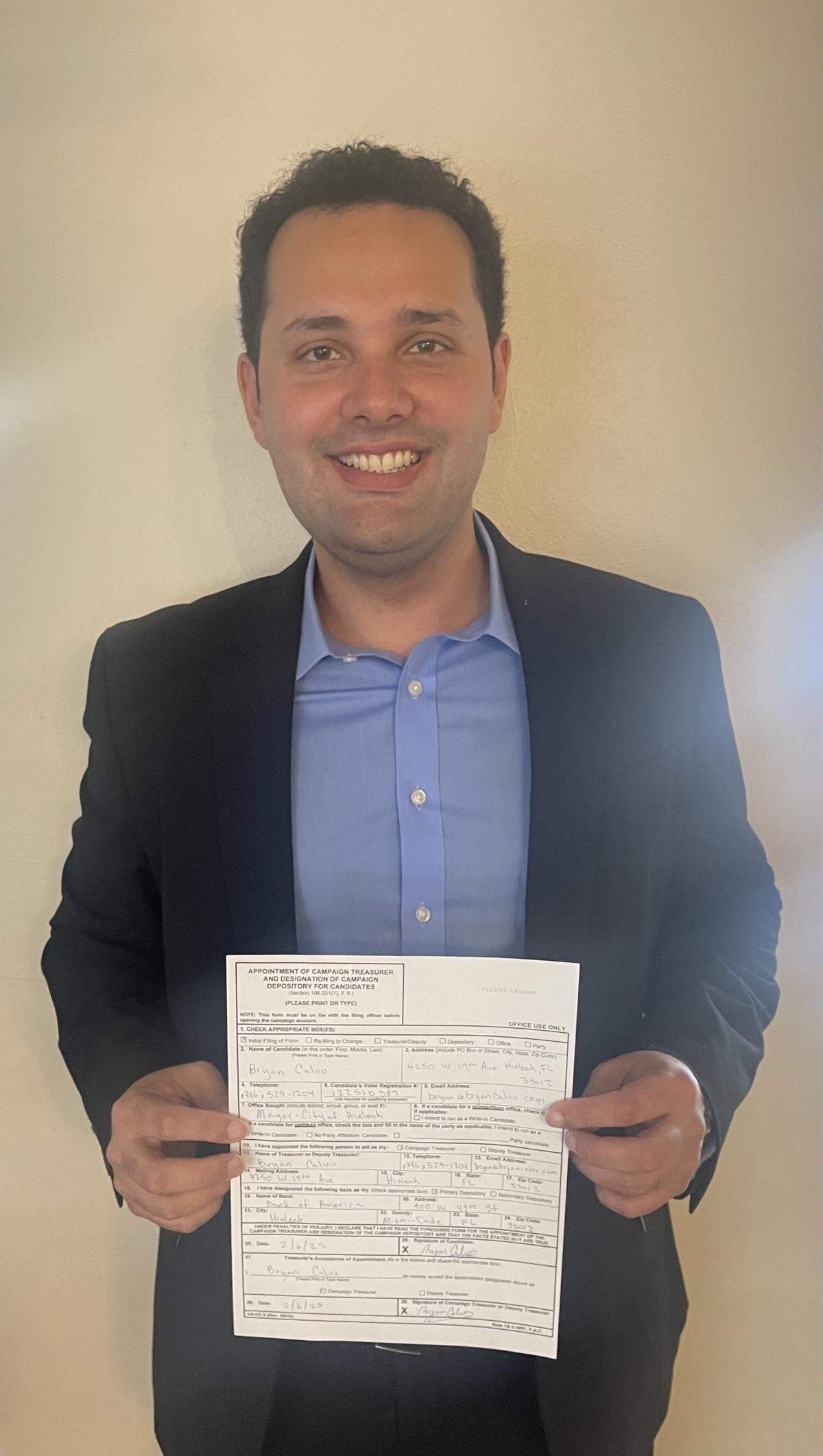 Former Hialeah Councilman Bryan Calvo files to run for mayor following the Miami Herald’s report that Mayor Esteban ‘Steve’ Bovo is stepping down to join a prominent lobbying firm in Washington, D.C. The election will be held in November