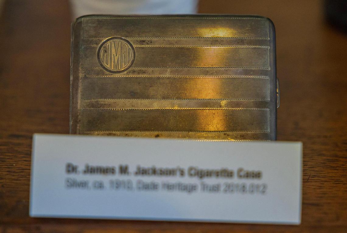 A cigarette case owned by Dr. James M. Jackson on display at his office and surgical center. He was the first resident physician of Miami. Now the headquarters of the Dade Heritage Trust is Miami-Dade County’s largest historic preservation organization, located at 190 SE 12th Terrace, in Miami, on Wednesday, April 16, 2025.