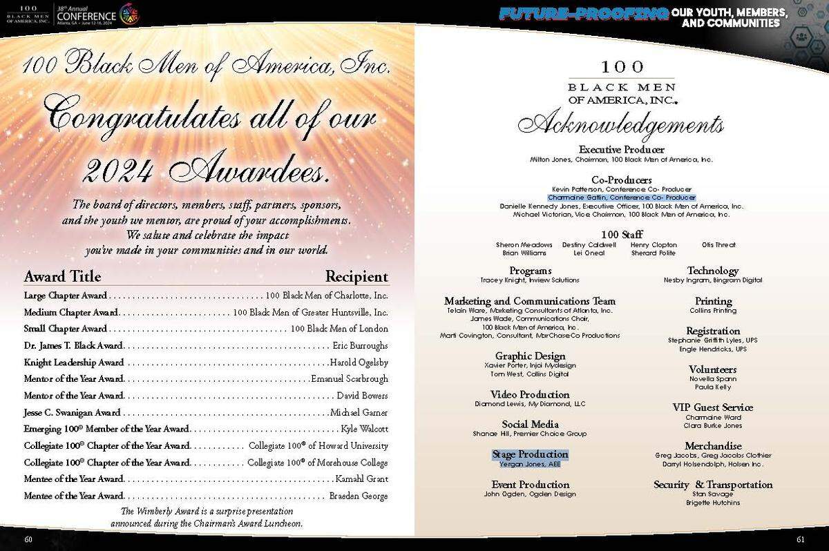 In the 100 Black Men of America’s agenda for its 38th annual conference, held in Atlanta in June 2024, Charmaine Gatlin is listed as being one of the conference’s co-producers, with Yergan Jones and his AEE Productions company recognized for stage production.