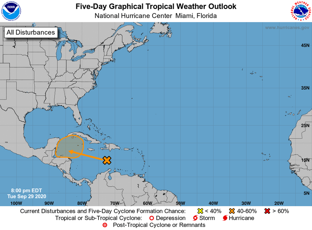 As of the 8 p.m. advisory Tuesday, there was a near zero percent chance of formation in the next two days, but a 60 percent chance of it forming within the next five days.