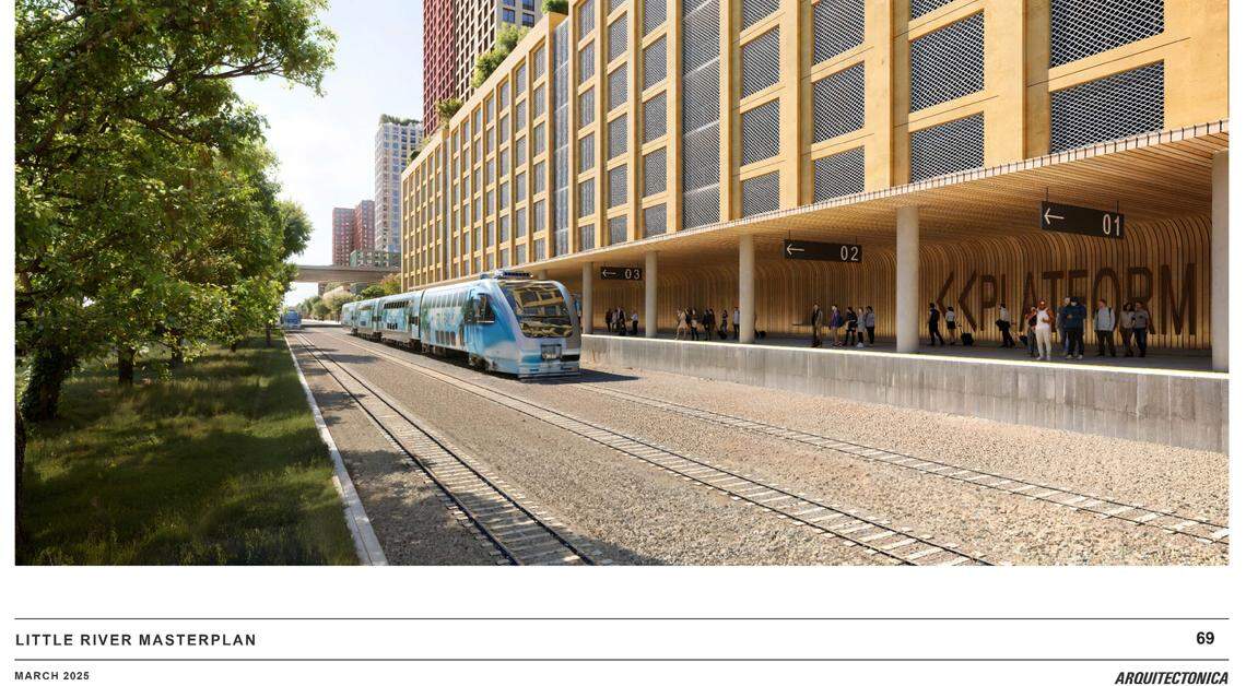 Representación del Grupo Swerdlow muestra una nueva estación del tren de cercanías Tri-Rail que se construiría bajo una propuesta de $3,000 millones que tiene como objetivo traer 5,700 unidades de vivienda asequibles y para trabajadores, parques y grandes tiendas a una amplia franja del vecindario Little River-Little Haiti de Miami.