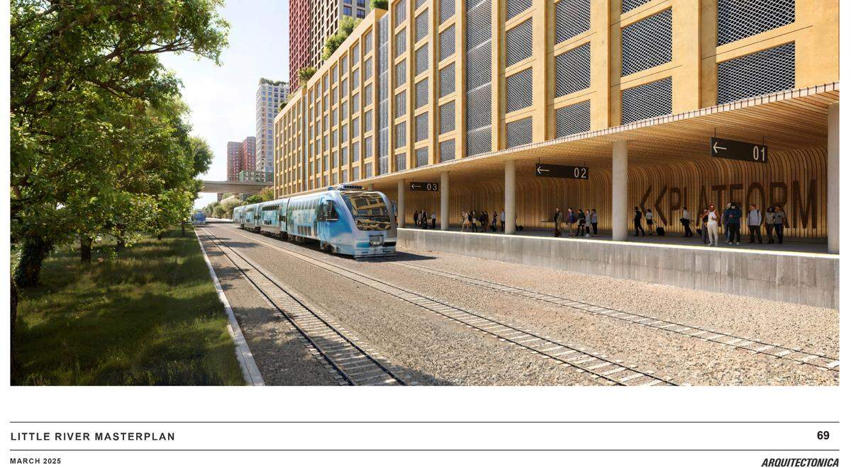 Renderings from the Swerdlow Group show a new Tri-Rail commuter station that would be built under a $3 billion proposal that aims to bring 5,700 affordable and workforce housing units, parks and big-box stores to a broad swath of Miami’s Little River-Little Haiti neighborhood.