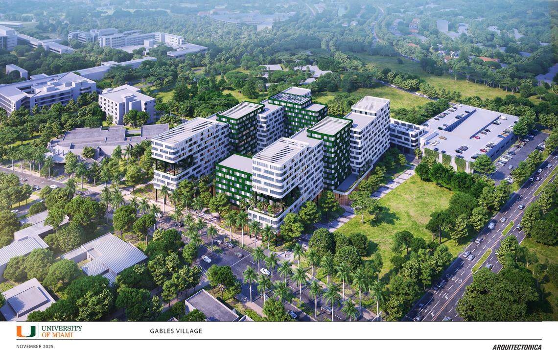 An architectural rendering depicts a planned new residential complex, Gables Village, that will replace the Mahoney and Pearson residential colleges at the main entrance to the University of Miami’s Coral Gables campus.