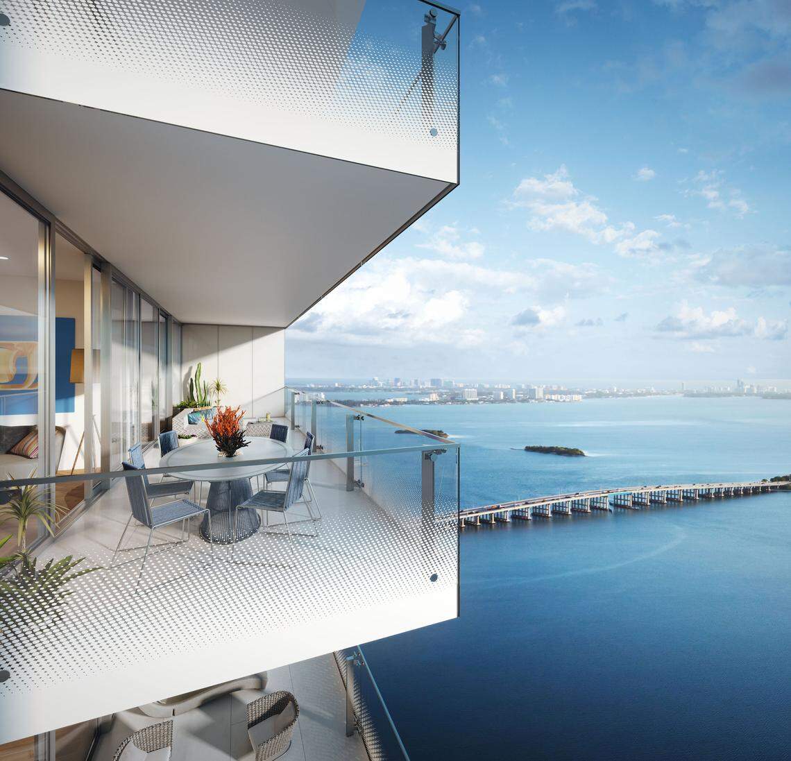 Balcony of the Missoni Baia condo building in Miami’s Edgewater neighborhood, designed by New York-based firm Asymptote Architecture with input by Italian design firm Missoni. The developer is OKO.
