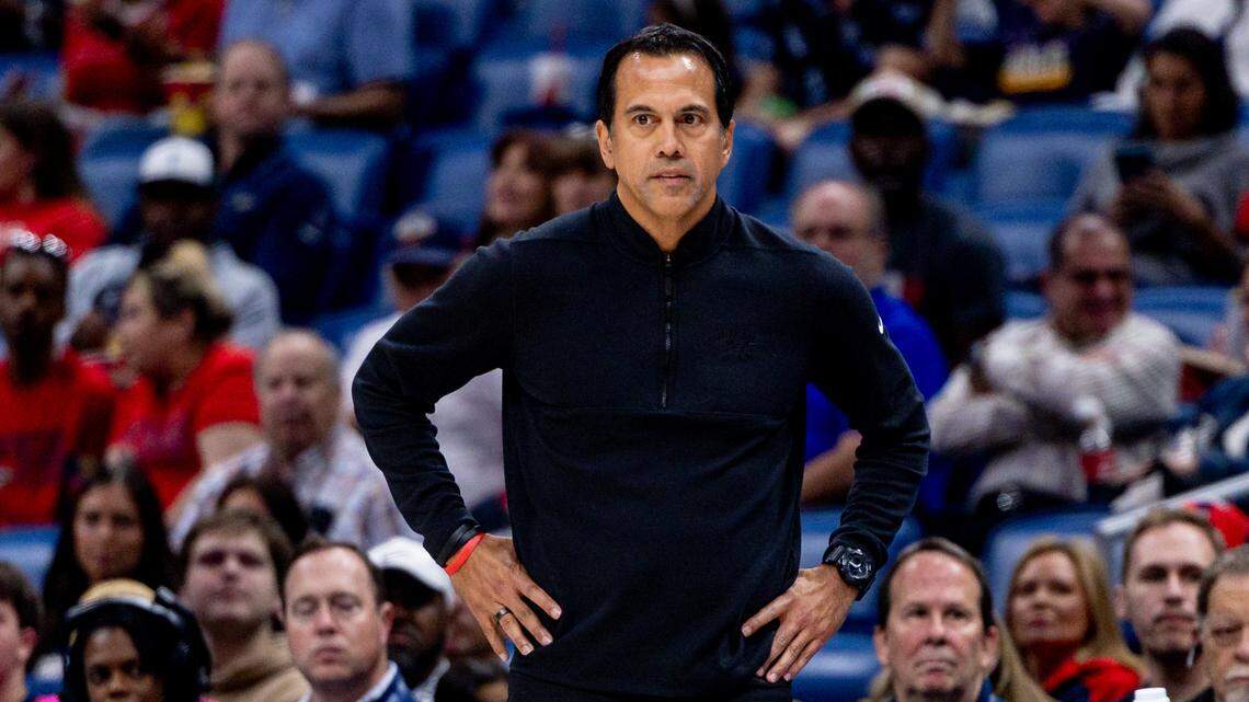 Miami Heat head coach Erik Spoelstra looks on against the New Orleans Pelicans during the first half at Smoothie King Center.