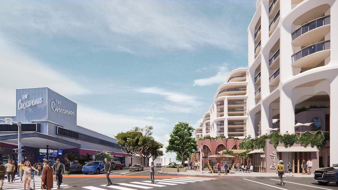 Artistic rendering of the proposed Sunset Place project on the right that would replace the 25 year old Shops at Sunset Place mall on Sunset Drive and Red Road. This view looks west on Sunset. The Crossroads and the retail and restaurants on the left exists.