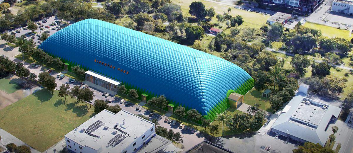 A northwest view of a rendering of the Centners’ planned sports dome in Biscayne Park.