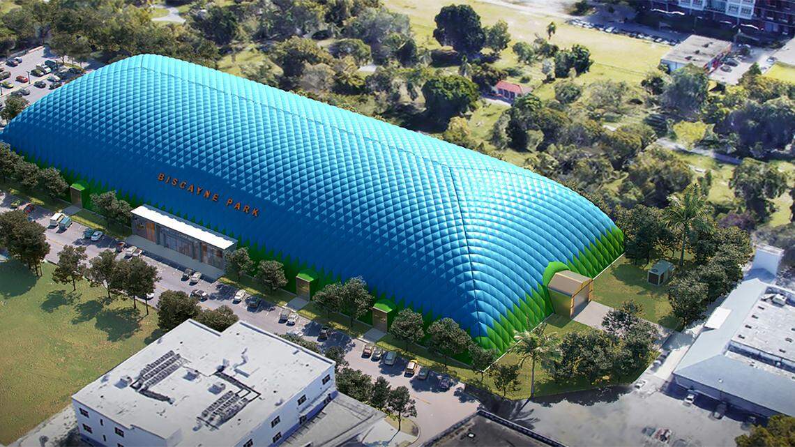 A northwest view of a rendering of the Centners’ planned sports dome in Biscayne Park.