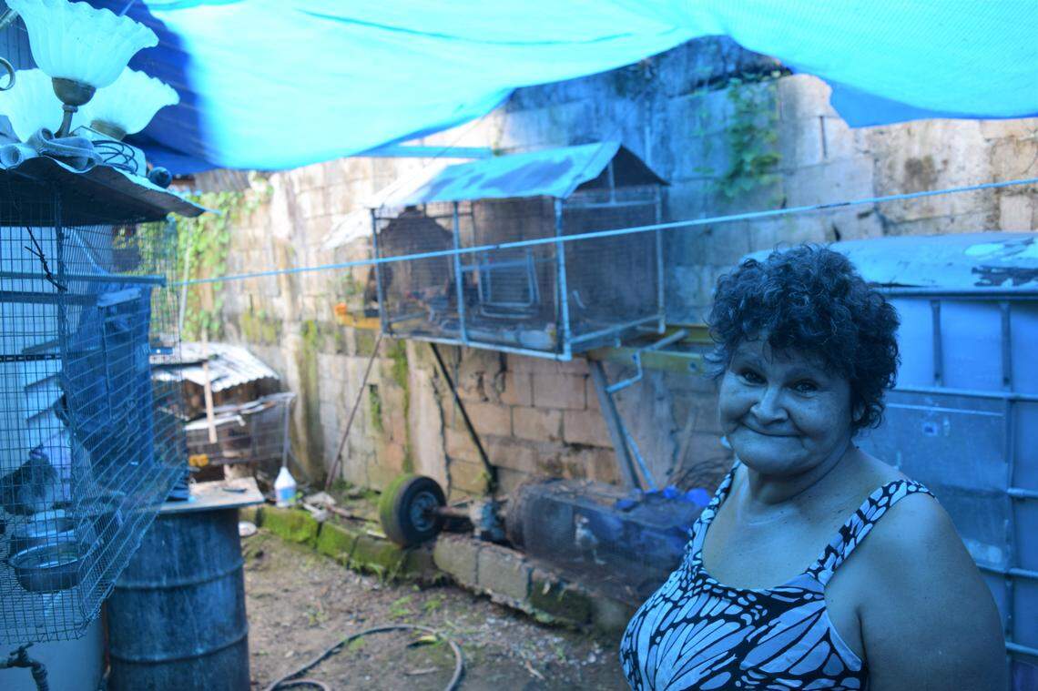 Matilde Jimenez, of Corozal, Puerto Rico, stands beneath the blue tarp that has covered her home since Hurricane Maria swept across the island on Sept. 20, 2017. Jimenez initially had her roof repaired, but it was done poorly and she had to put the blue tarp back up. She’s among the 25,000-30,000 people In the U.S. territory who are still living under temporary roofs — or have none at all — two years after Maria made landfall.  