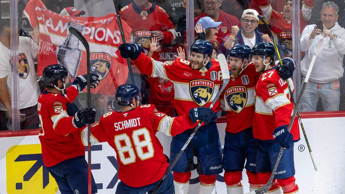 Florida Panthers center Sam Bennett (9) celebrates with teammates after scoring against the Edmonton Oilers during the second period of Game 3 in the Stanley Cup Final at Amerant Bank Arena on Monday, June 9, 2025, in Sunrise, Fla.