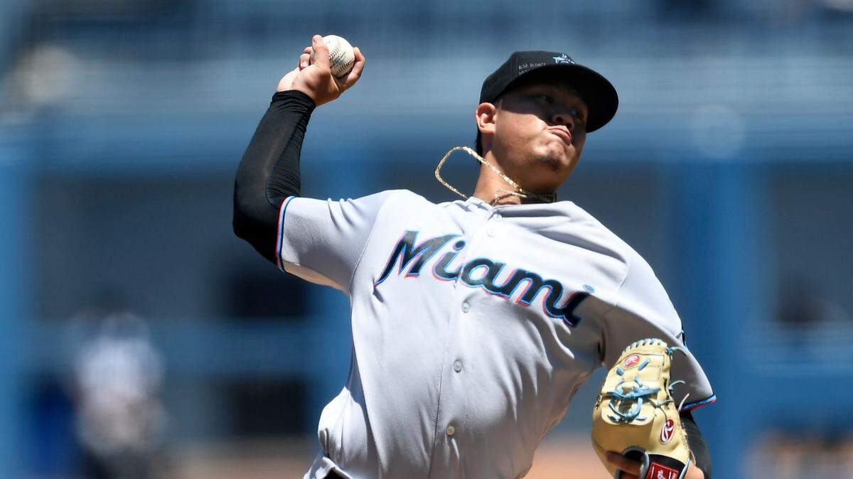 Miami Marlins pitcher Jordan Yamamoto throws during the first inning against the Los Angeles Dodgers on Sunday, July 21, 2019, at Dodger Stadium.