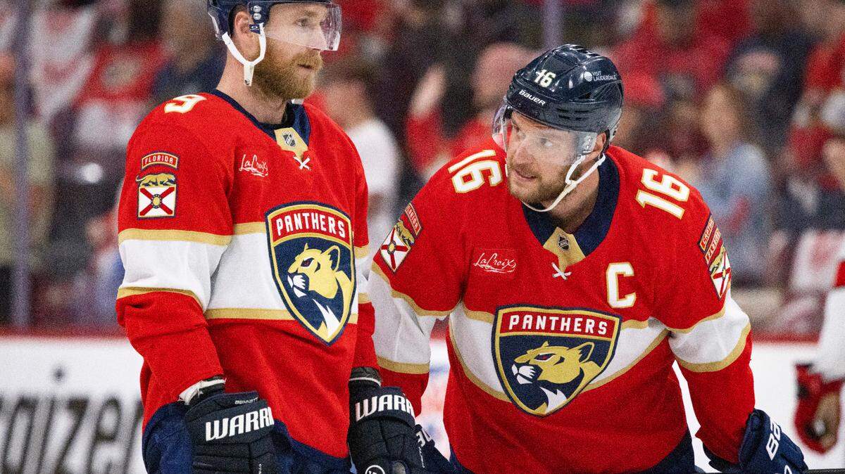 Florida Panthers center Aleksander Barkov (16) talks to center Sam Bennett (9) in warmups of Game 4 during the Eastern Conference final of the NHL Stanley Cup playoffs against the Carolina Hurricanes at the Amerant Bank Arena on Monday, May 26, 2025 in Sunrise, Fla.
