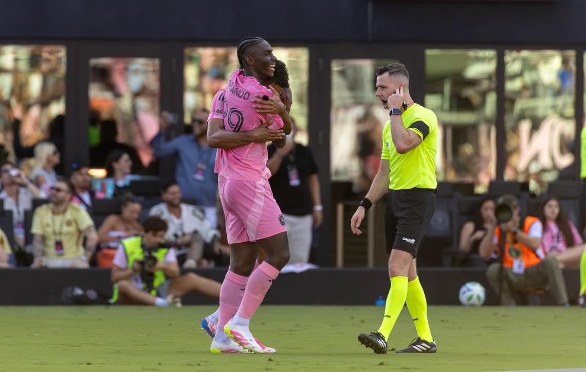 Inter Miami forward Allen Obando (29) celebrates with teammate Ian Fray (17) after scoring a goal during the first half of their MLS match against FC Dallas at Chase Stadium on Sunday, April 27, 2025, in Fort Lauderdale, Fla.