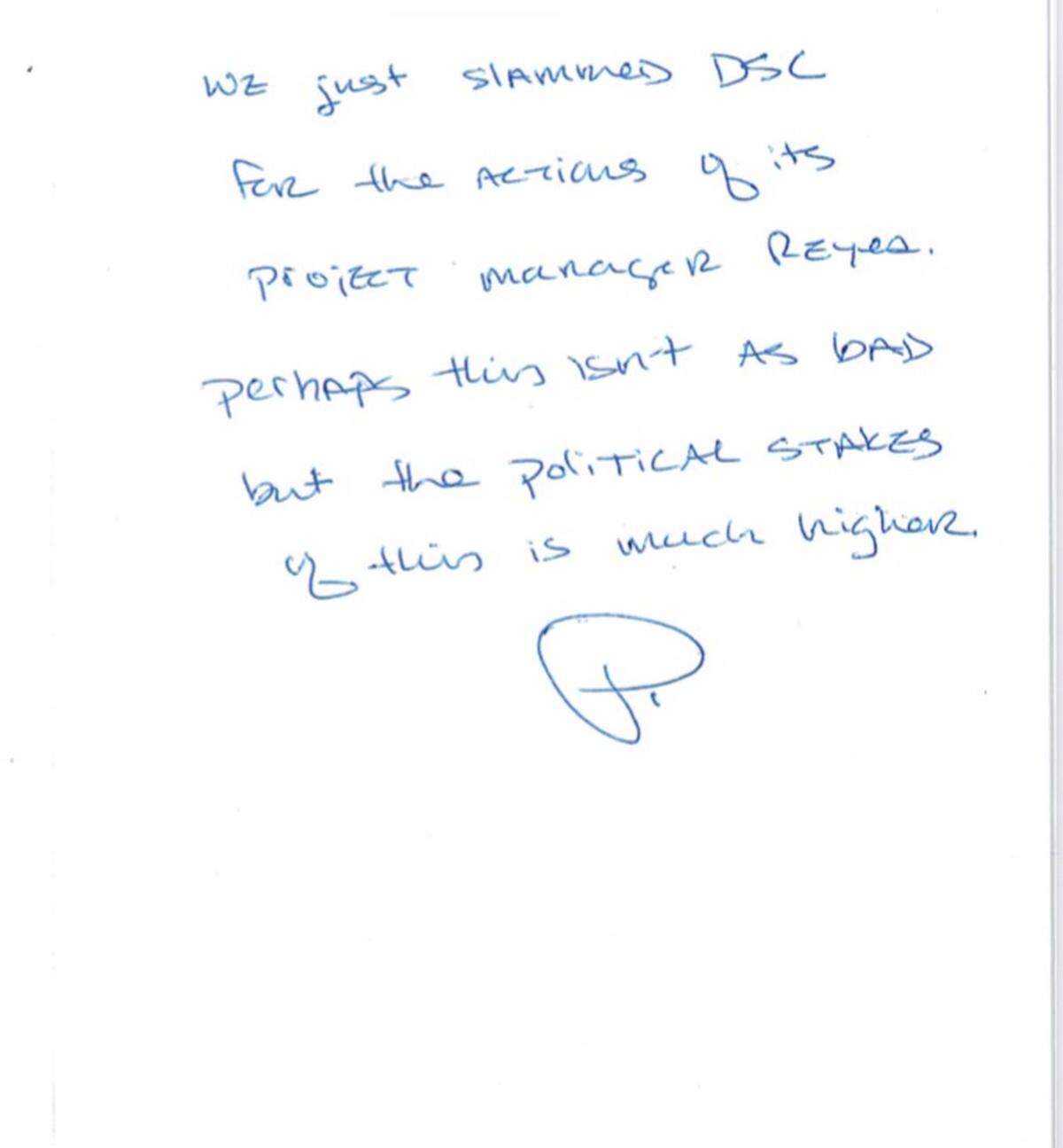 Handwritten notes by Patra Liu, general counsel for the Miami-Dade Office of the Inspector General, on a 2019 report on a probe into the top manager of MCM’s Miami International Airport contract. She cited “political stakes” in the case, which a spokesperson later said referred to the attention the contract would receive before county commissioners. MCM says it’s an example of bias against a contractor that was involved in building the Florida International University bridge that collapsed in 2018.
