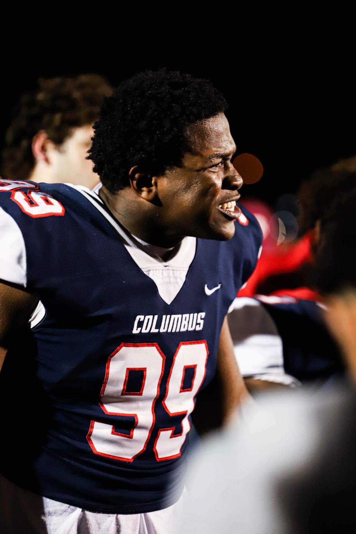 Columbus defensive tackle Derrick Hart yells from the sideline during one of the Explorers’ games this season. Hart will lead the Explorers into Saturday’s Class 4M state championship game against Apopka in Fort Lauderdale.