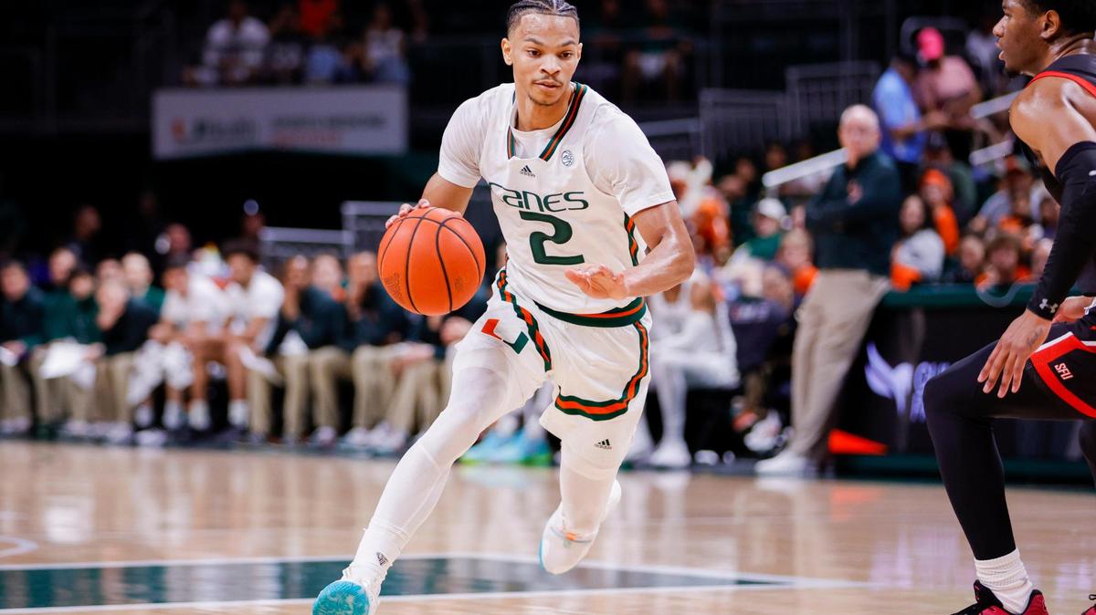 Miami Hurricanes guard Isaiah Wong (2) dribbles the basketball during the first half of a basketball game against the St. Francis Red Flash at the Watsco Center in Coral Gables, Florida, on Saturday, December 17, 2022.