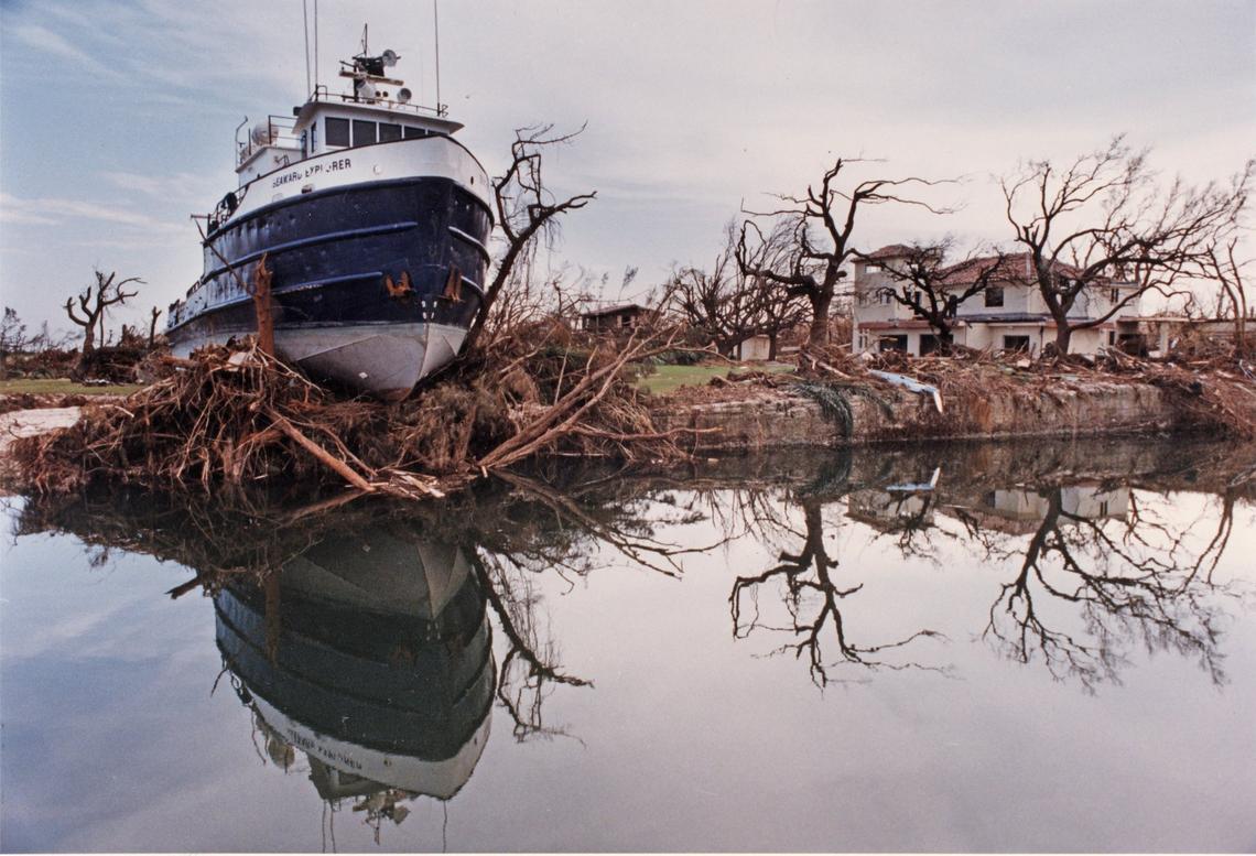 This 105-foot research vessel was driven ashore by Hurricane Andrew’s storm surge in 1992. The $50 million G House project is rising not far from this site along Old Cutler Road in Palmetto Bay. .