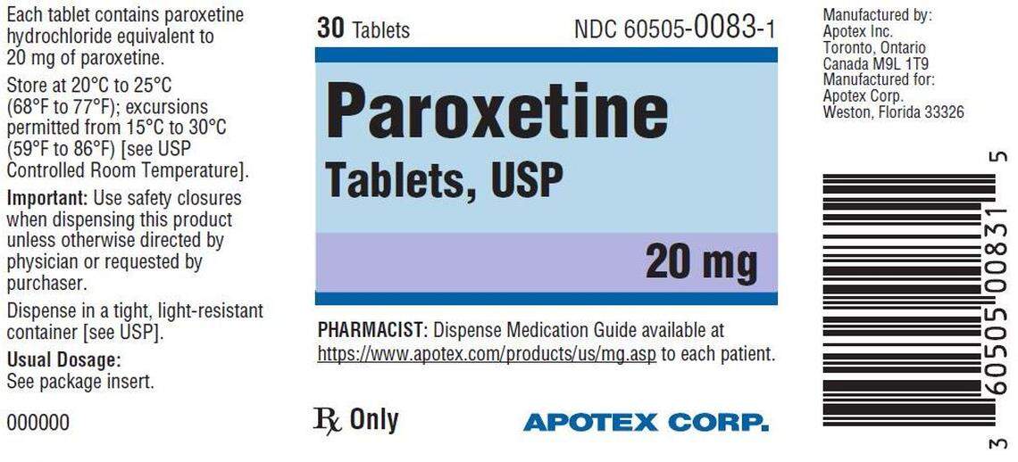The lable for 20 mg strength Paroxetine