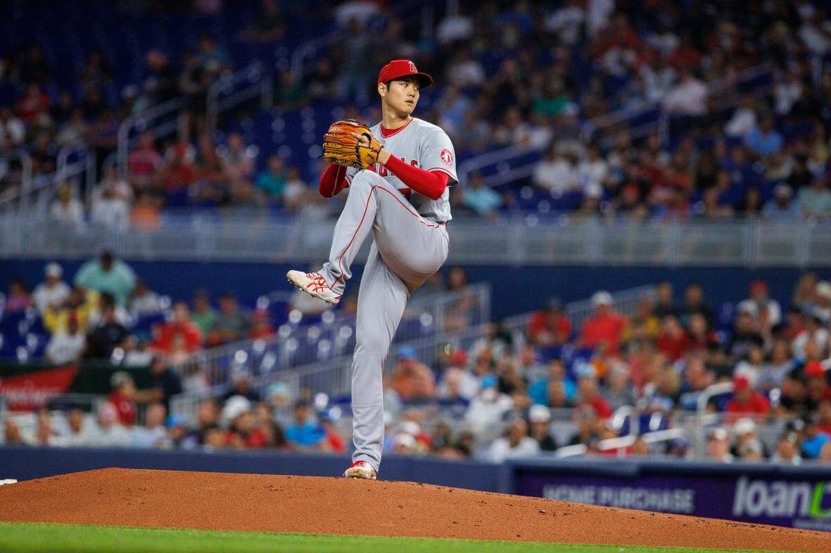 Los Angeles Angels starting pitcher Shohei Ohtani (17) pitches during the first inning of a baseball game against the Miami Marlins at LoanDepot Park on Wednesday, July 6, 2022 in Miami, Florida.