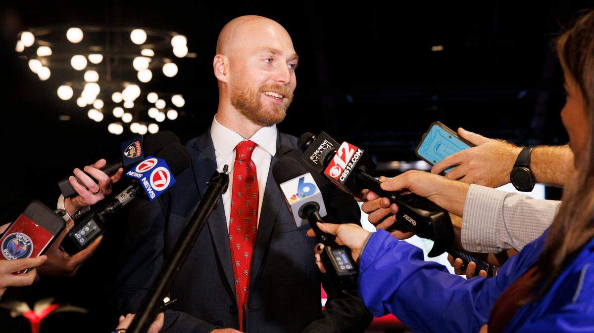 Sam Bennett speaks to the press after the Florida Panthers 2024 Champions Ring Ceremony on Monday, Oct. 7, 2024, at FTL War Memorial Auditorium in Fort Lauderdale, Fla.
