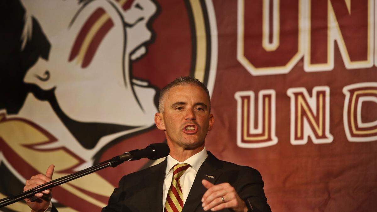 In this Dec. 8, 2019, file photo, Florida State head football coach Mike Norvell speaks at a press conference in Tallahassee, Fla.