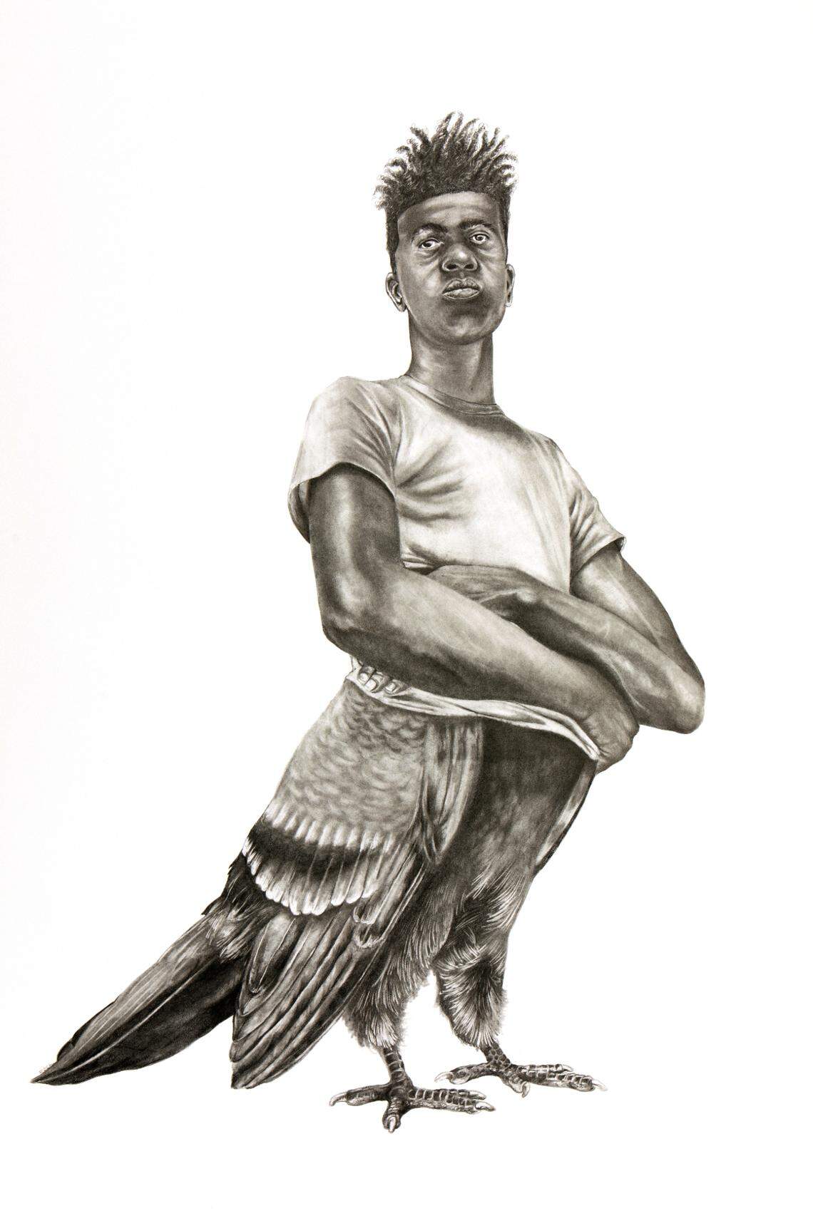 Rashaun Rucker compares the contemporary Black male experience to the rock pigeon in works such as “Pre-Flight Boarding,” part of the show “Contemplation of Flight” at N’Namdi Contemporary gallery.