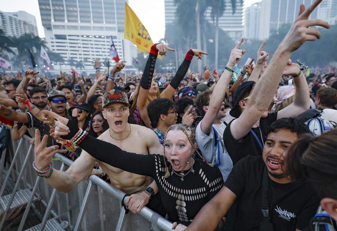 Ultra attendees react during the performance by Illenium at the Main Stage at Ultra Music Festival in Miami, Florida, on Friday, March 27, 2026.