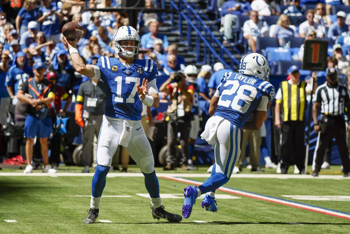 Indianapolis Colts quarterback Daniel Jones (17) prepares to throw a pass during the first half of an NFL game against the Miami Dolphins at Lucas Oil Stadium on Sunday, Sept. 7, 2025, in Indianapolis, Indiana.
