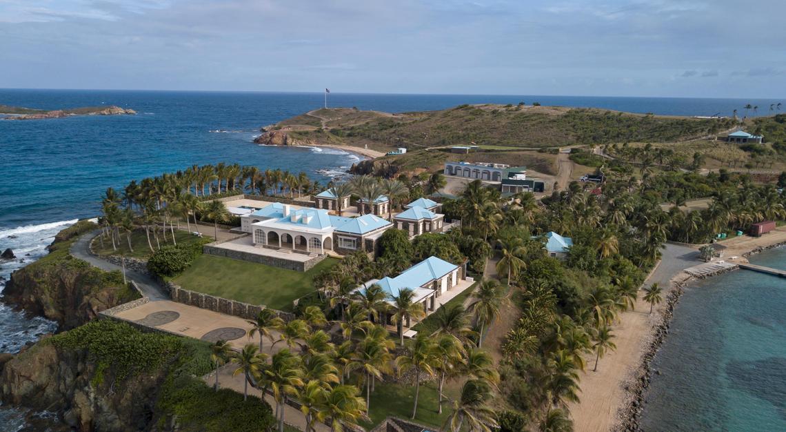 Jeffrey Epstein’s home on the island of Little St. James in the U.S. Virgin Islands. Former workers on the island said that Epstein’s bedroom was in the building on the right, the larger main house can be seen to the left, and then four smaller cabana rooms can be seen in the courtyard behind the main house.