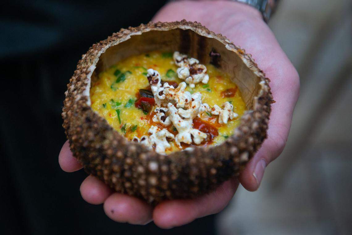 Michael Beltran’s tamal en cazuela, served with uni butter inside a sea urchin shell, helped earn him the honor of StarChefs Rising Star 2021.