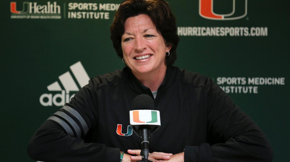 Katie Meier, head women’s basketball coach at the University of Miami, speaks at the Watsco Center at the University of Miami in Coral Gables, Florida, on Friday, December 13, 2019.