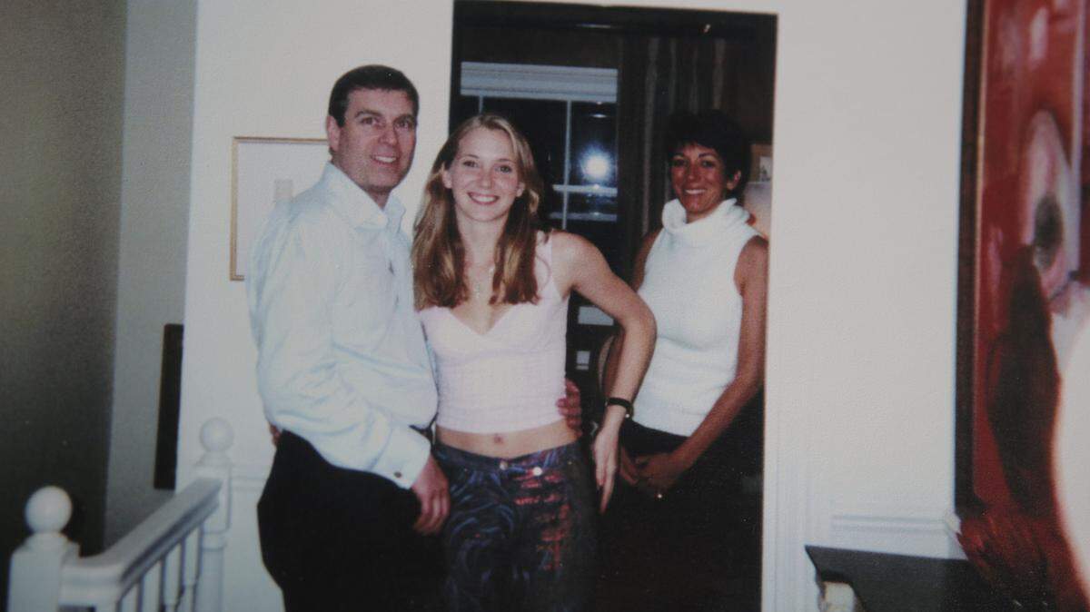 In this photograph, Virginia Giuffre socializes with Prince Andrew in the company of Jeffrey Epstein associate Ghislaine Maxwell. Maxwell, now under arrest, has challenged the authenticity of the photo.