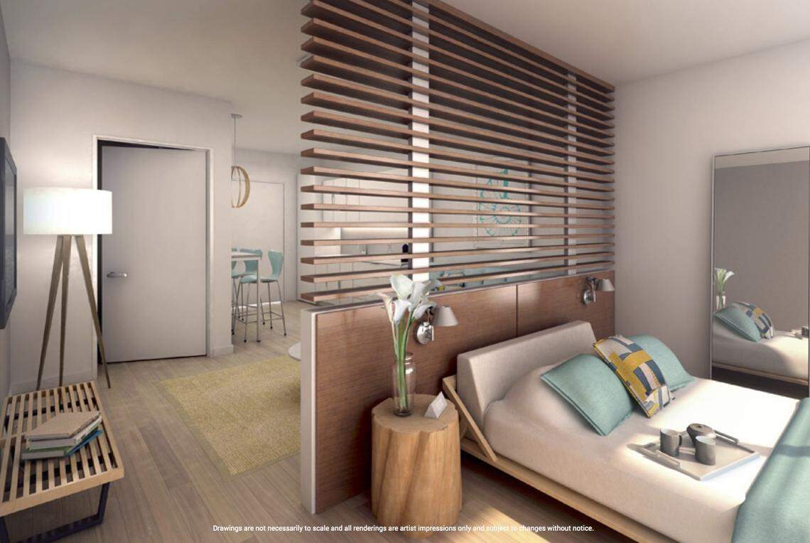 Artist rendering of one of the 350-square-foot studios at 6080 Boutique Hotel, a condo/hotel project at 6080 Collins Ave. on Miami Beach. The building, which will be composed of 70 units, is due for completion this summer.