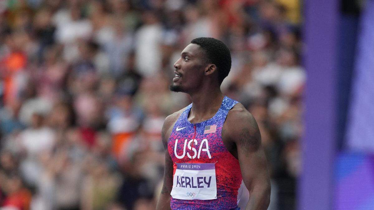 Aug 9, 2024; Saint-Denis, FRANCE; Fred Kerley (USA) reacts after the men’s 4x100m relay final during the Paris 2024 Olympic Summer Games at Stade de France. Mandatory Credit: James Lang-USA TODAY Sports