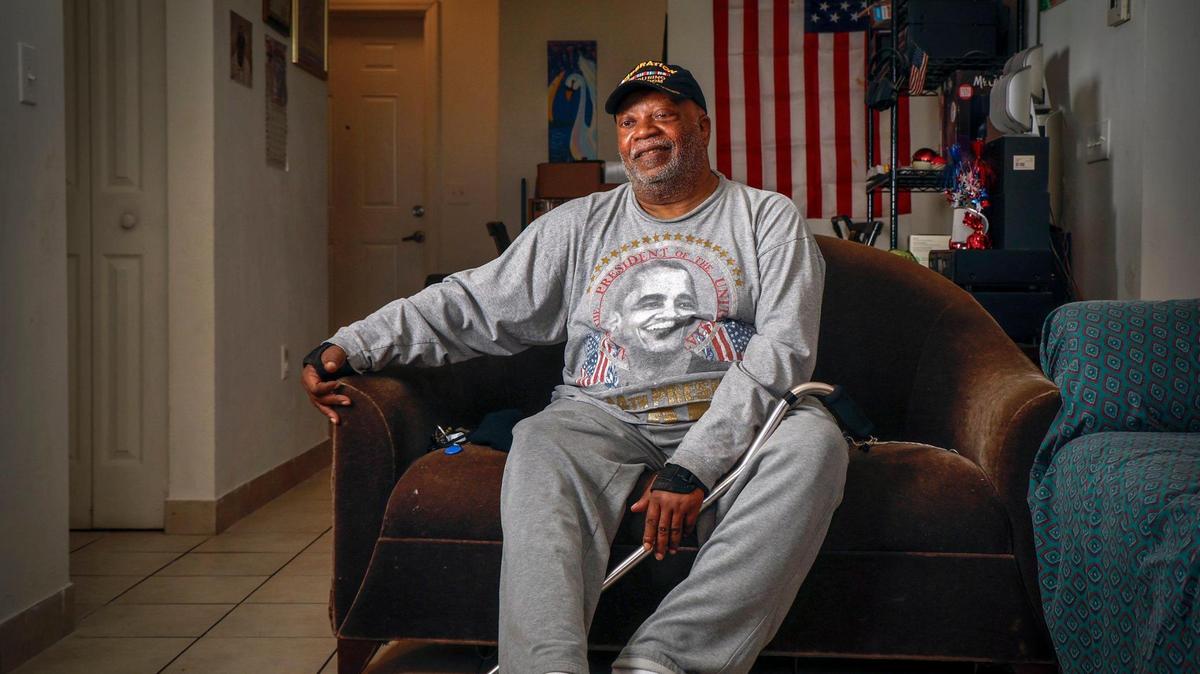 David Murray, 67, a disabled and formerly homeless Air Force veteran, discusses his experience as a permanent supportive housing resident at his home in Miami on Thursday, June 26, 2025. The Trump administration’s 2026 budget proposal seeks to eliminate federal funding for permanent supportive housing, which currently serves more than 300,000 disabled Americans.