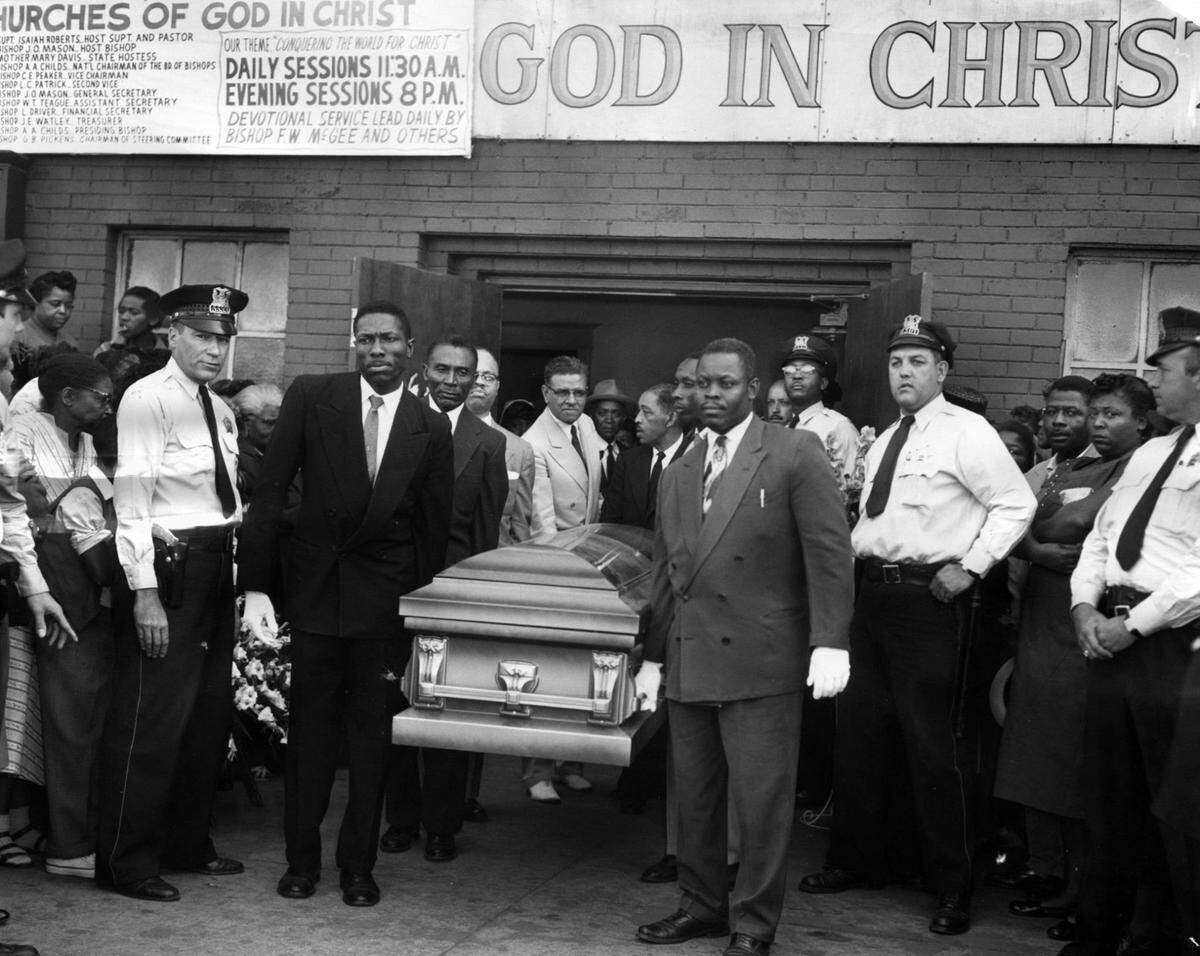 Pallbearers carry Emmett Till’s casket out of Roberts Temple Church of God in Christ, 4021 S. State Street, in Chicago on Sept. 3, 1955.