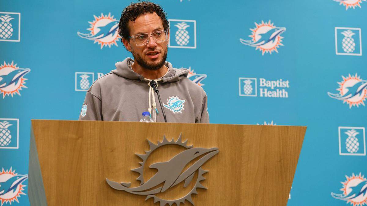 Miami Dolphins head coach Mike McDaniel talks to reporters during a press conference before training camp at Baptist Health Training Complex in Miami Gardens, Florida, on Monday, September 2, 2024.