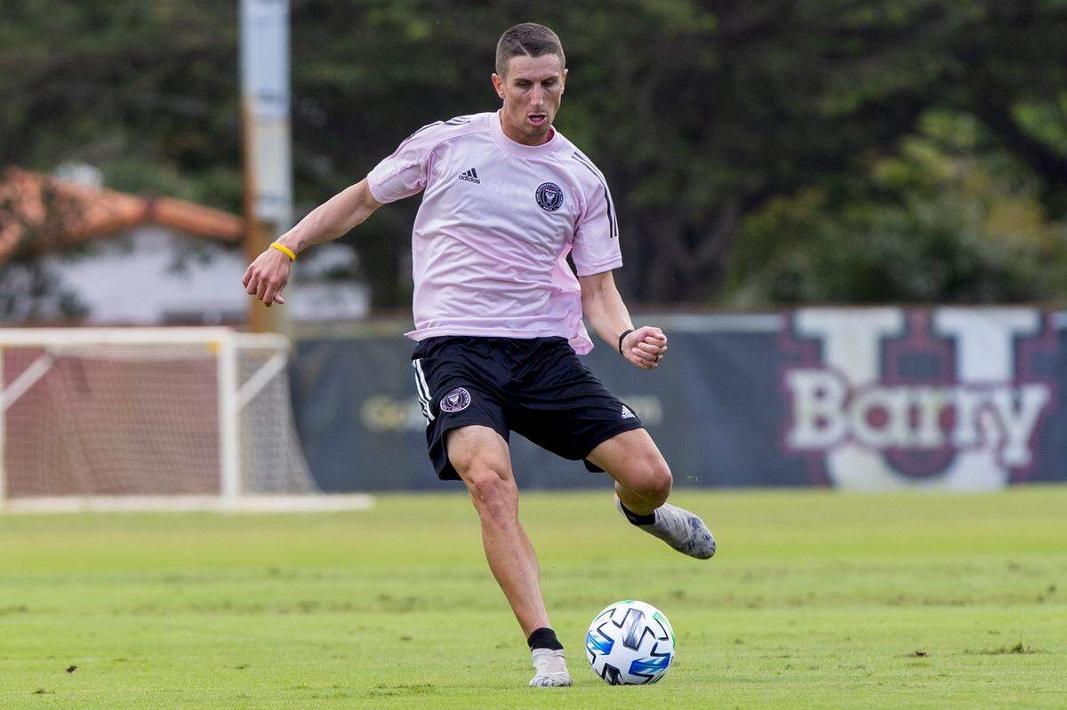 Inter Miami defender Ben Sweat passes the ball during practice drills as the team kicks-off the inaugural preseason with the first day of training sessions on Buccaneer Field at Barry University in Miami, Florida, on Monday, January 20, 2020.