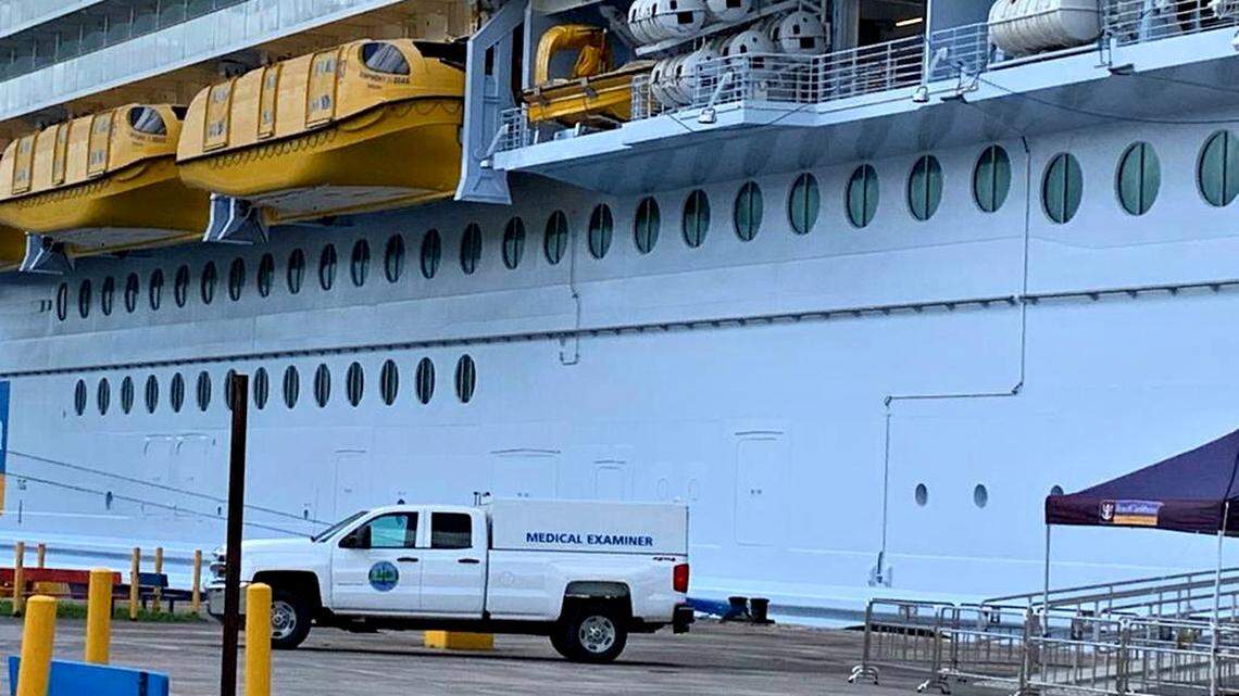 The Medical Examiner’s Office truck at Crown Bay as St. Thomas authorities investigated the man overboard incident on the Symphony of the Seas