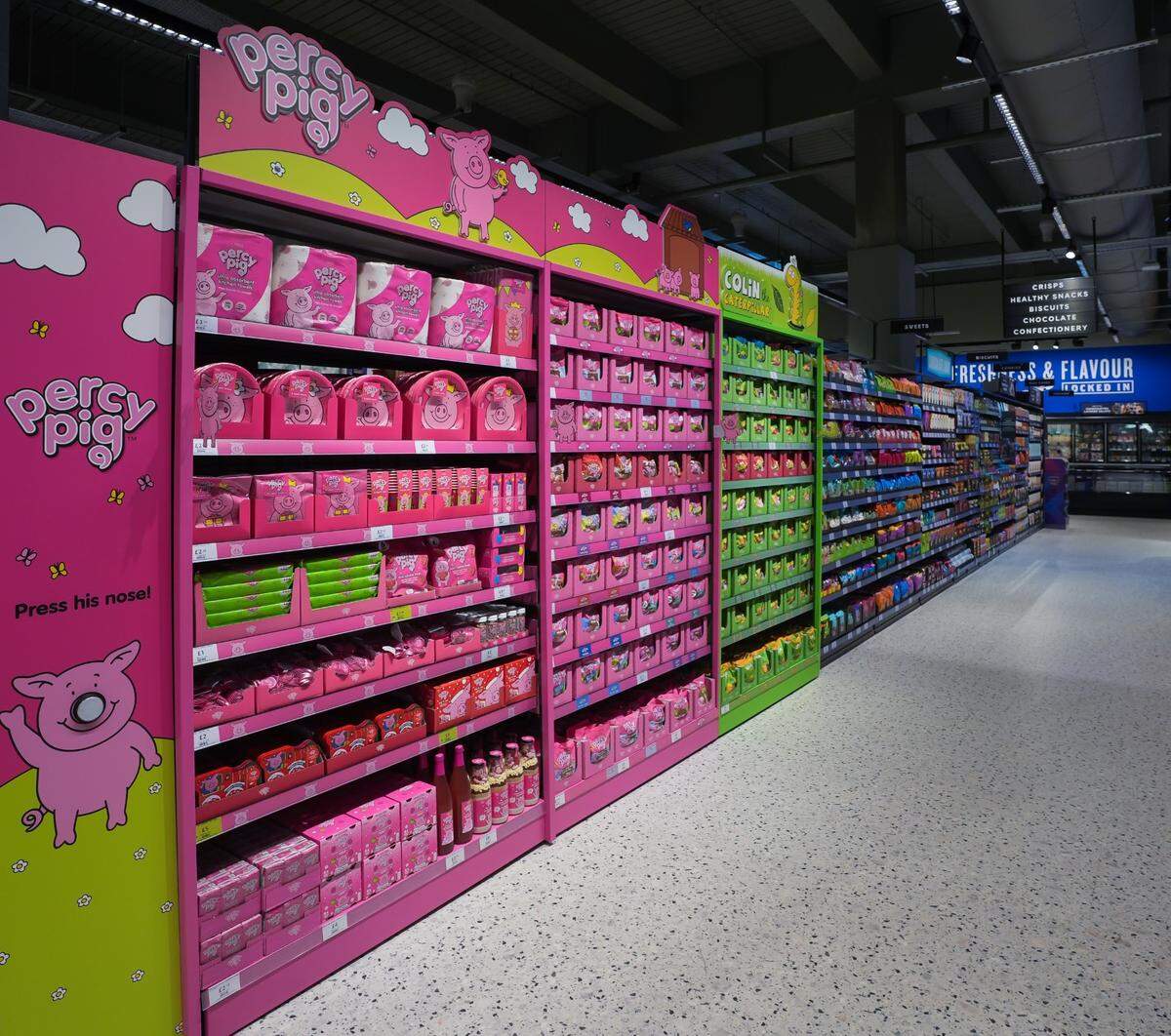 An aisle of Percy Pig gummy candies at Trafford Centre in Manchester, England. The candies are finally going on sale in the U.S. through Target starting on March 30, 2025.